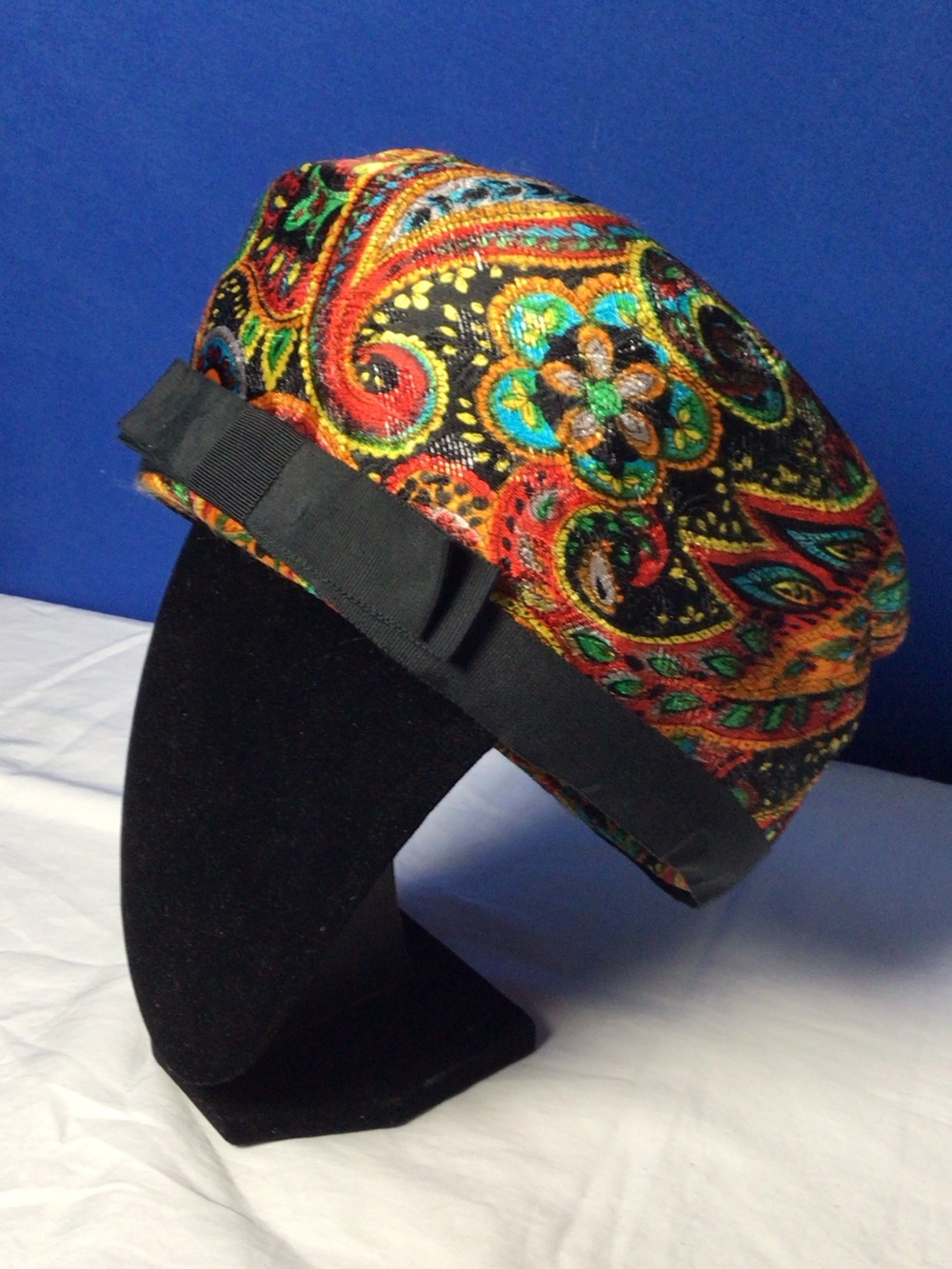 Vintage Eva Mae Multicolor Paisley Women's  pillbox Hat with Black Bow 1950’s-60